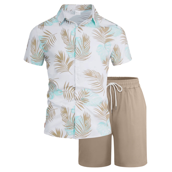 Men's vacation set with short-sleeved lapel shirt in palm print and elastic drawstring bermuda StylebySassy