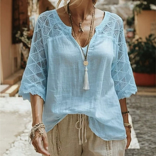 Women's locker-cut tunic with V-neck, crocheted yoke and elbow-length lace sleeves StylebySassy