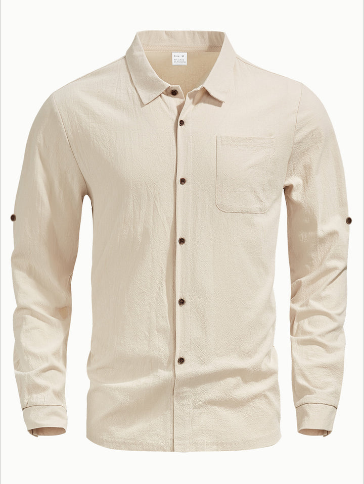 Men's casual long-sleeve shirt with Kent collar, chest pocket, and sleeve strap StylebySassy