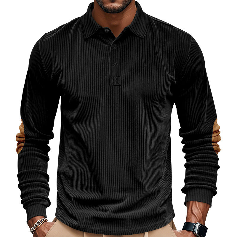Men's heavy ribbed cotton polo sweater with Kent collar, triple button placket, and suede elbow patches StylebySassy
