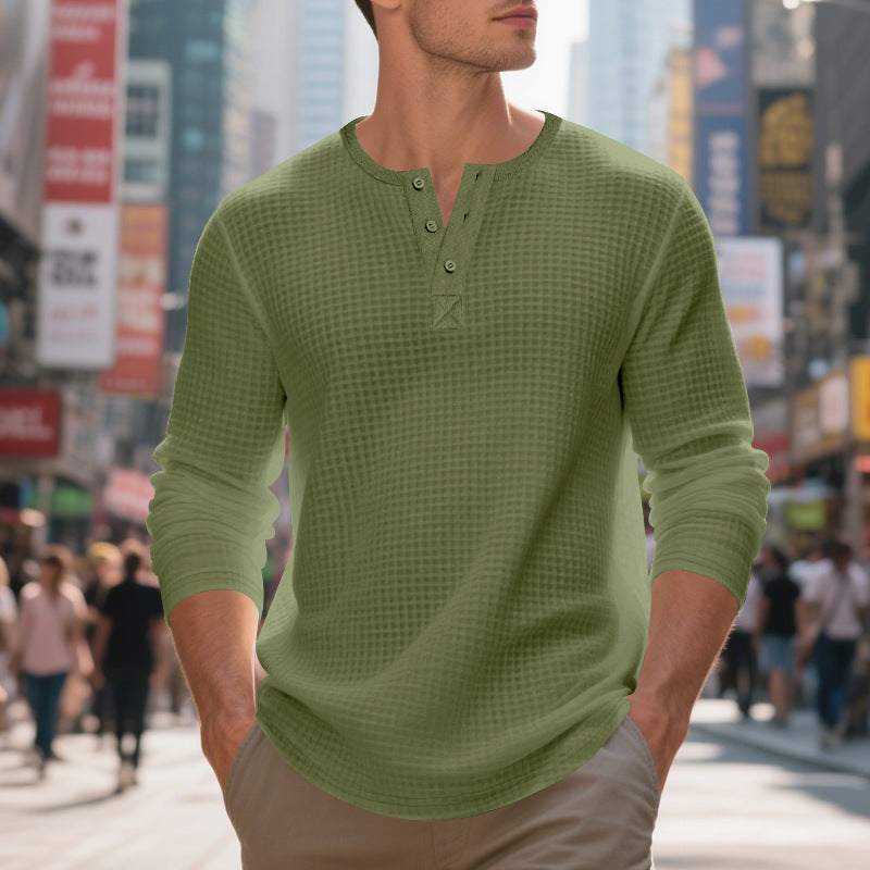 Men's nano thermoregulating waffle thermal shirt with short button placket and rounded hem StylebySassy