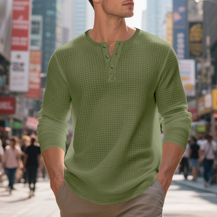 Men's nano thermoregulating waffle thermal shirt with short button placket and rounded hem StylebySassy