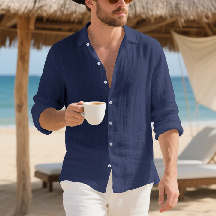 Men's casual linen shirt with open kent collar, rolled-up sleeves and rounded hem StylebySassy