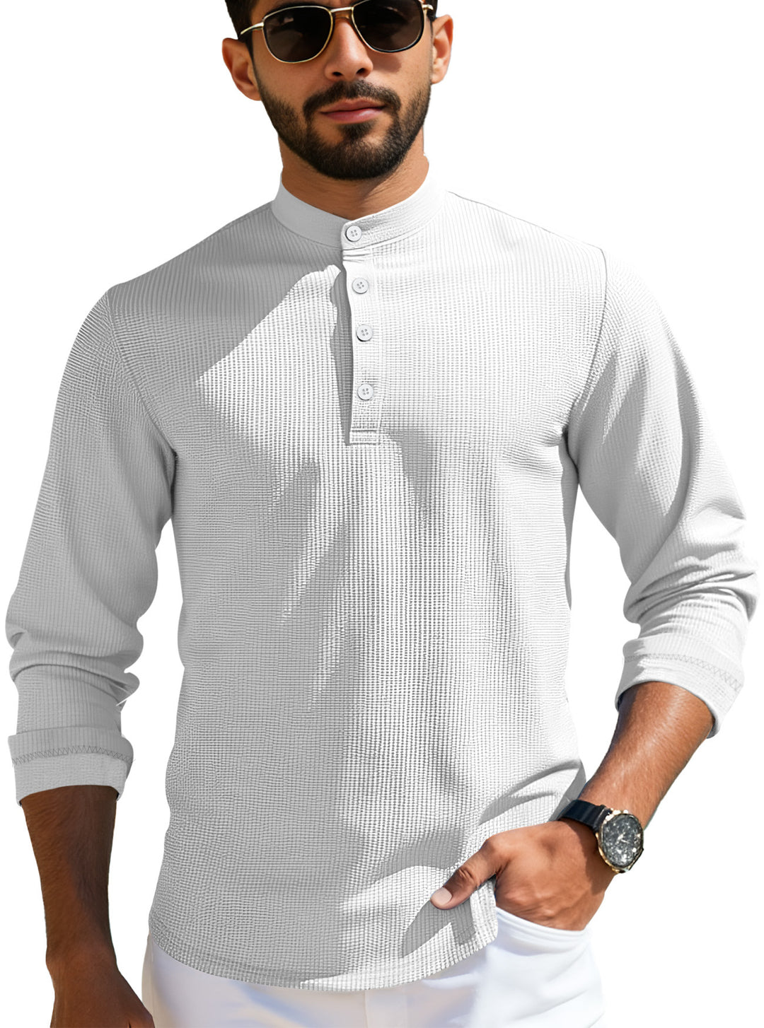 Men's structured long-sleeve henley with Nehru collar and tone-on-tone button placket StylebySassy