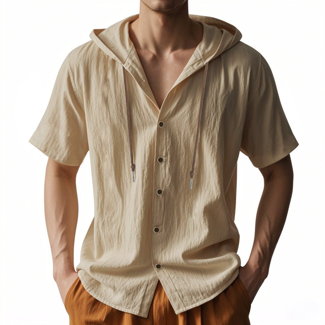Men's breathable short sleeve hoodie made of linen blend with wooden button placket and drawstring StylebySassy