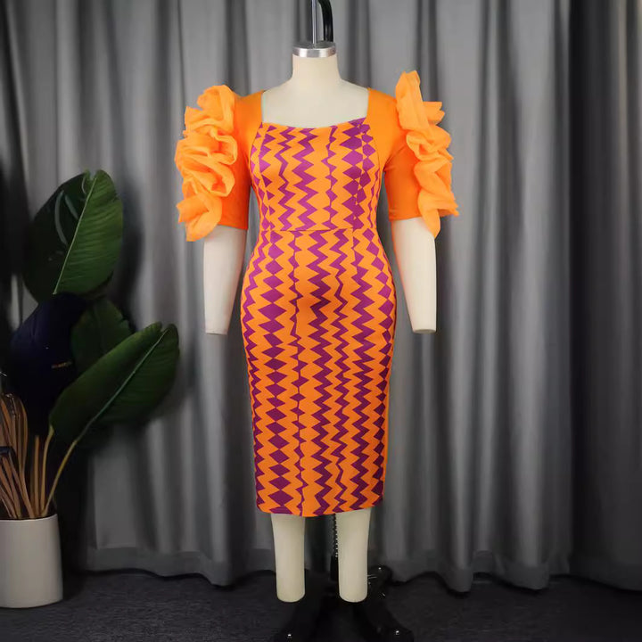 Women's fitted dress with striking ruffle sleeves and geometric pattern StylebySassy