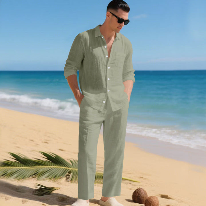 Men's lightweight linen outfit with stylish shirt and elegant pants StylebySassy