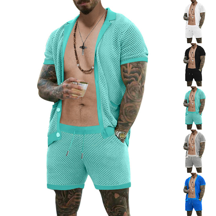 Men's open mesh knit cardigan with matching drawstring shorts StylebySassy