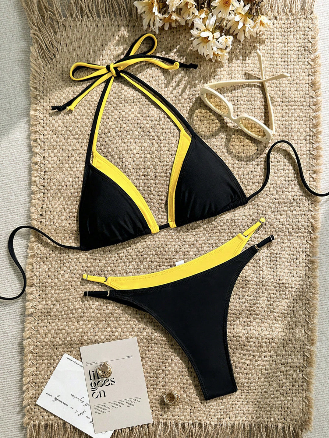 Women's triangle bikini with adjustable straps and contrasting color design StylebySassy