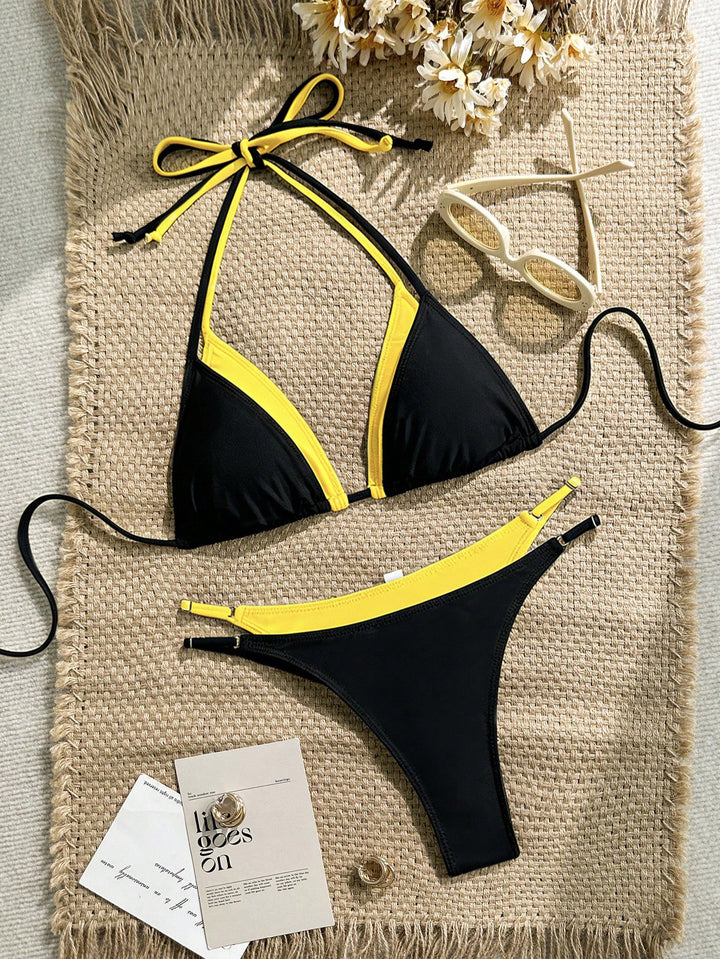 Women's triangle bikini with adjustable straps and contrasting color design StylebySassy