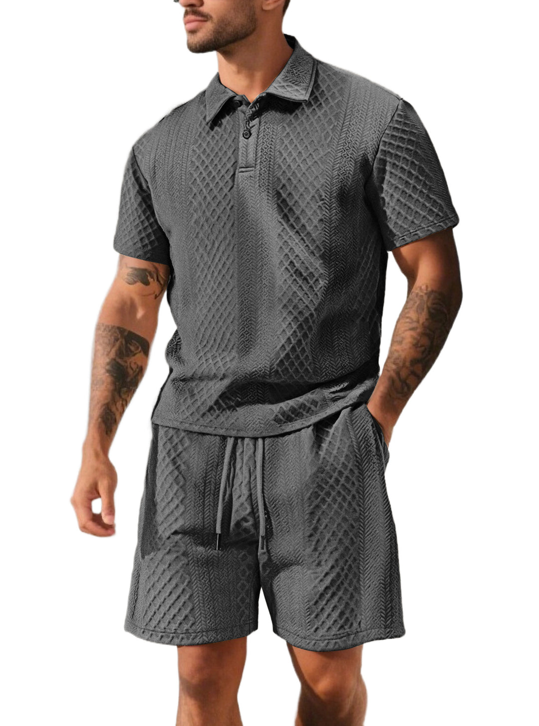 Men's structured polo shirt and bermuda shorts set made of quilted cotton blend StylebySassy