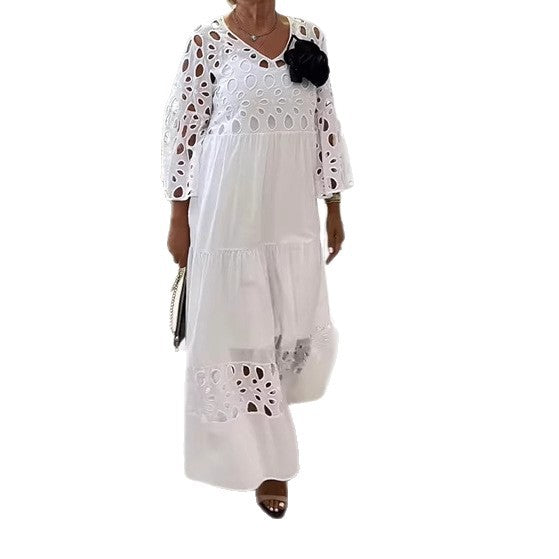 Women's maxi dress with openwork embroidery, V-neck, wide bell sleeves, and tiered hem StylebySassy