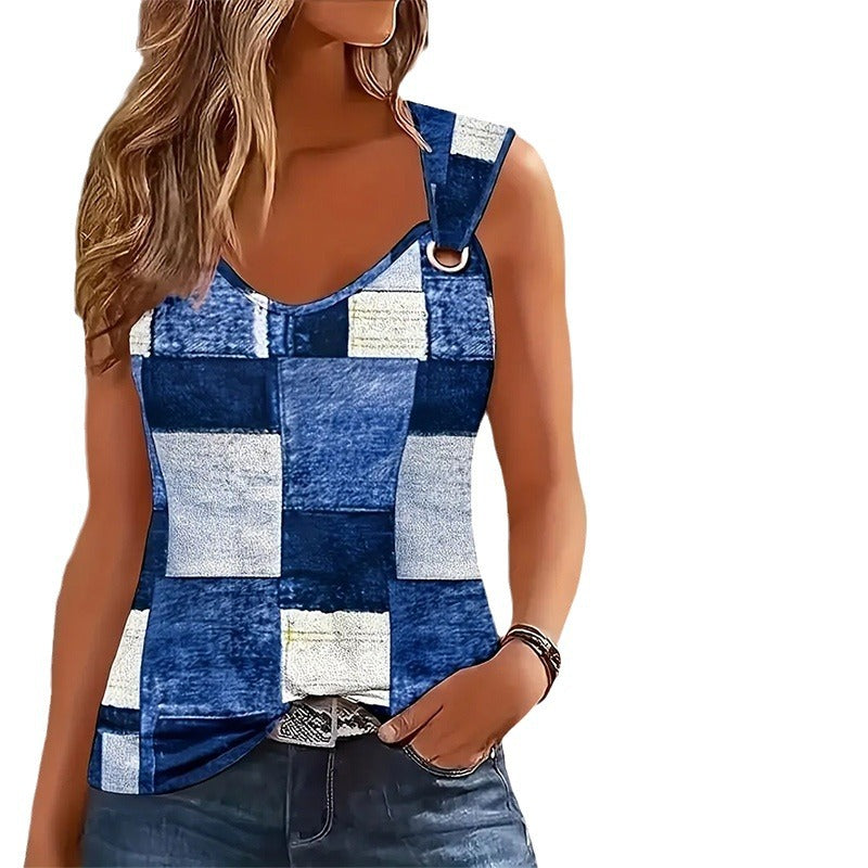 Women's Sleeveless Patchwork Top with D-Ring Straps and Slightly Asymmetrical Hem StylebySassy
