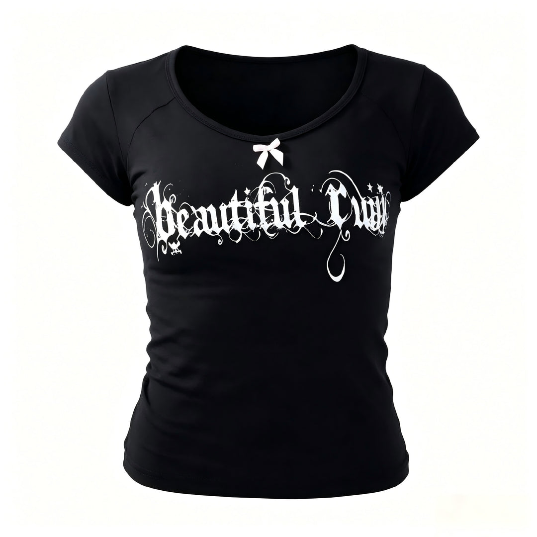 Women's short sleeve shirt with stylish lettering and decorative bow accent StylebySassy