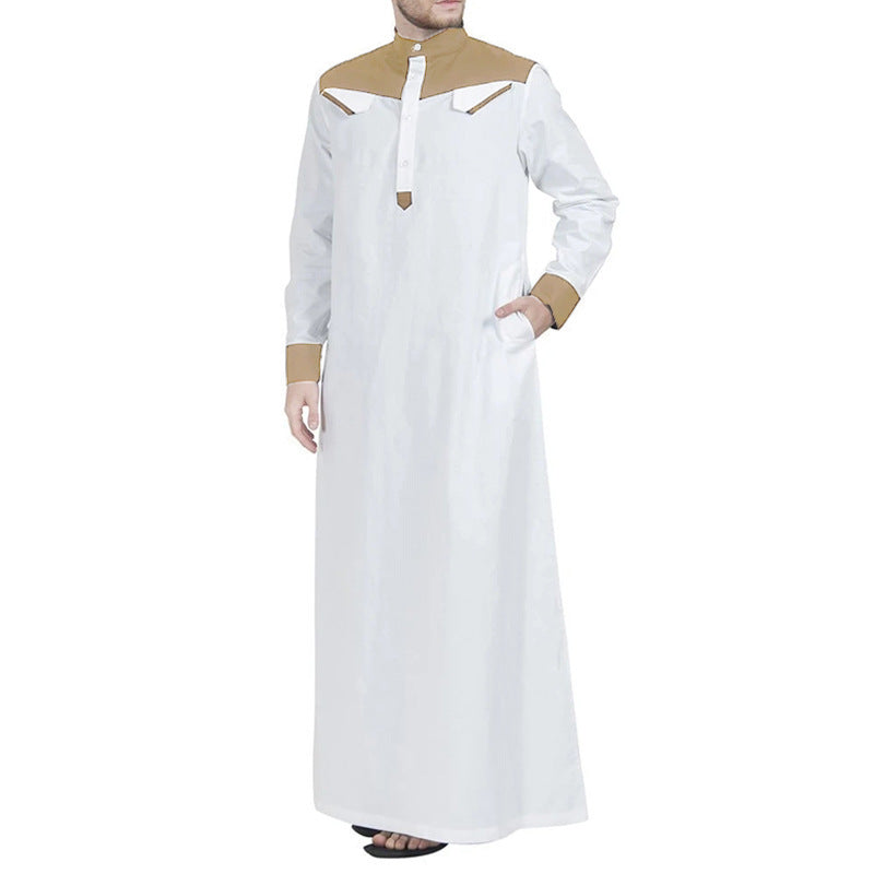 Men's long thobe with contrasting shoulder yoke, stand collar, and side pockets StylebySassy