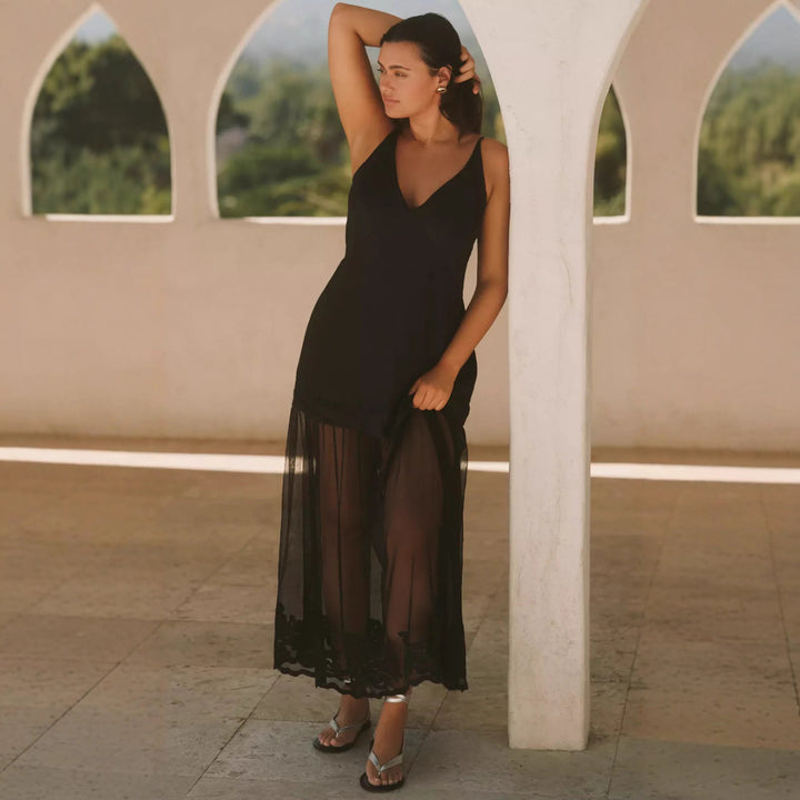 Ladies two-piece maxi dress with V-neck, spaghetti straps, and transparent tulle skirt StylebySassy
