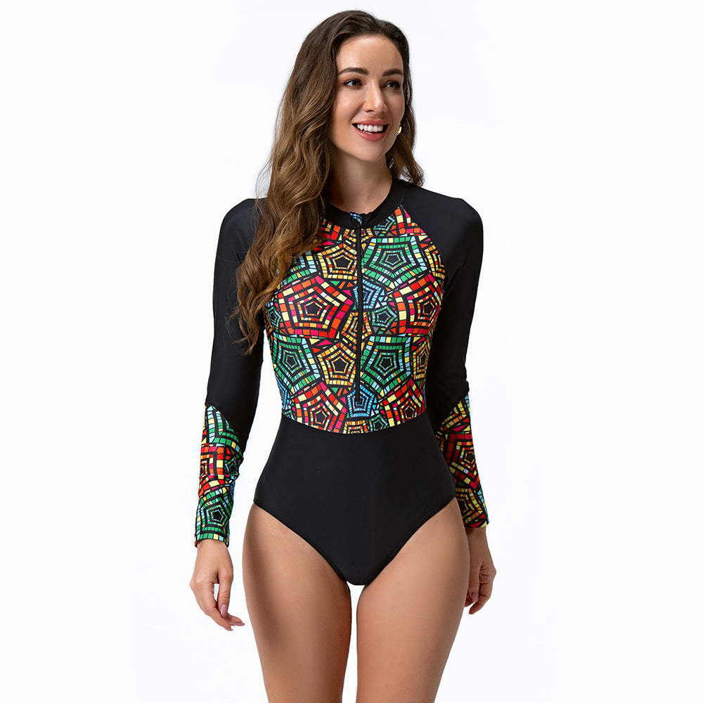 Women's Sporty Long Sleeve Swimsuit with Colorful Graphic Design StylebySassy