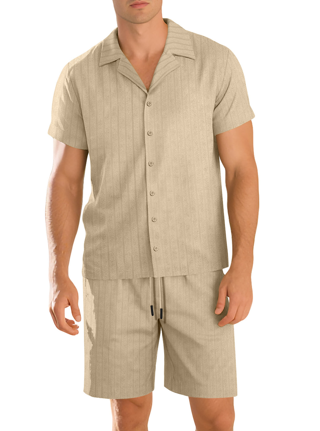 Men's ribbed knit lounge set with lapel collar short-sleeve shirt and comfort bermuda StylebySassy