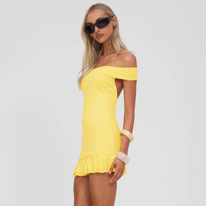 Women Figure-Flattering Mini Dress with Off-Shoulder Design and Subtle Ruffle Details StylebySassy
