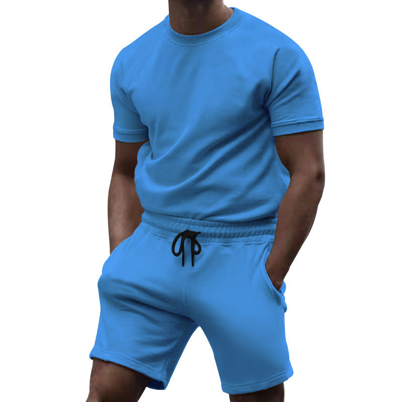 Men's short-sleeve sweat set made of soft sweatshirt fabric with a round neck shirt and drawstring shorts StylebySassy