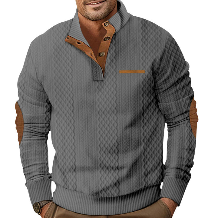 Men's knitted pullover with stand-up collar, button placket and elbow patches StylebySassy