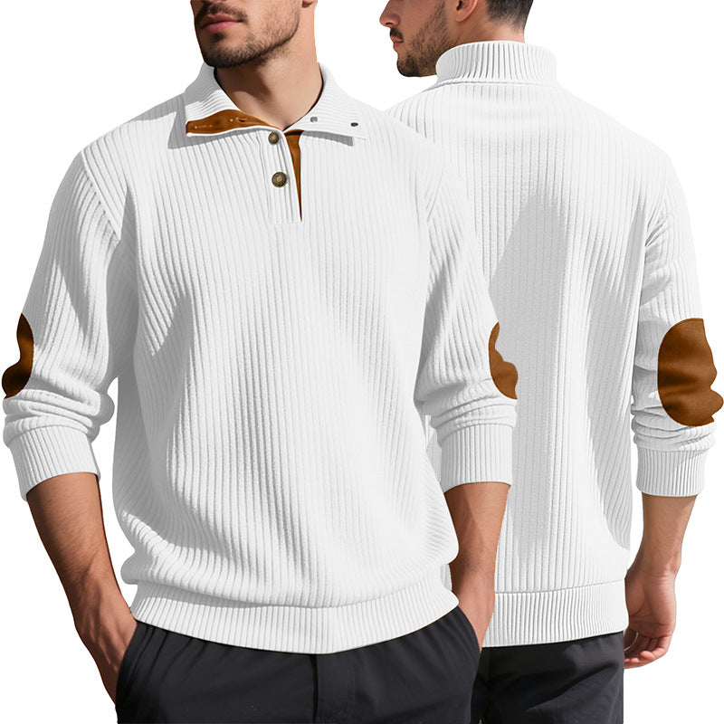 Men's ribbed half-button pullover with Kent collar and leather trim StylebySassy