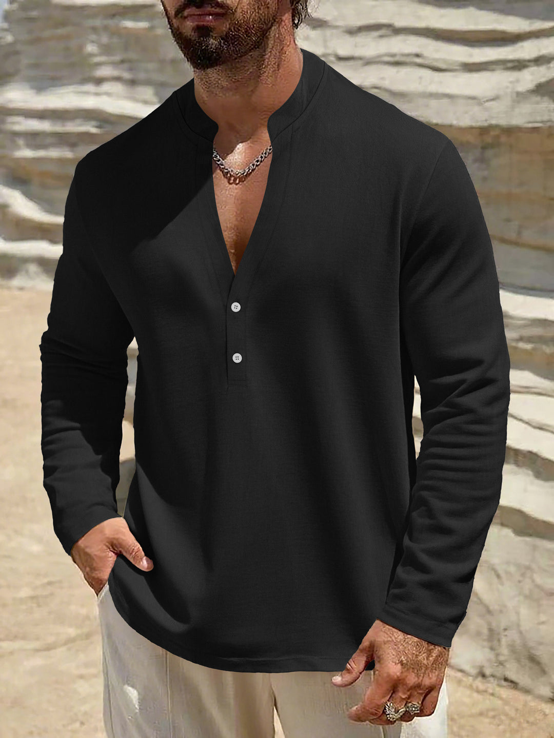 Men's loose-fitting tunic shirt with mandarin collar, two-button Henley placket, and light texture StylebySassy