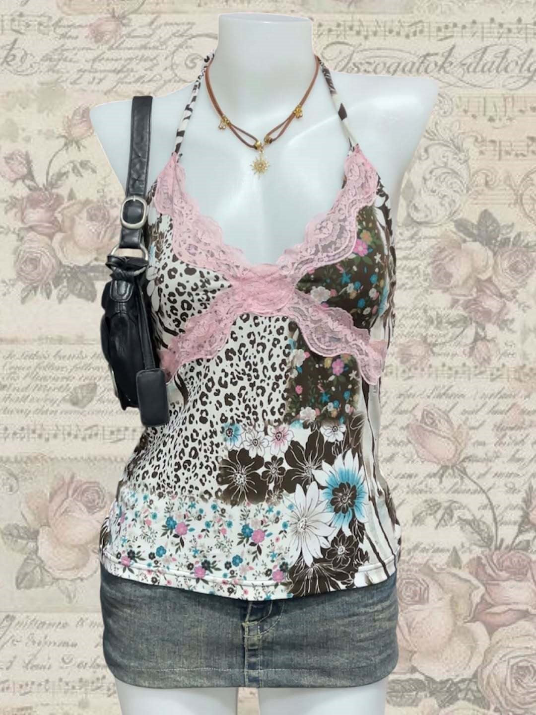 Women Playful Halter Top with Floral and Leopard Pattern StylebySassy