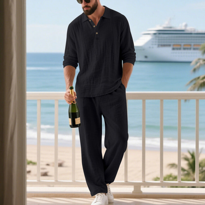 Men's relaxed cotton muslin resort set with polo collar button placket and wide comfort waistband StylebySassy