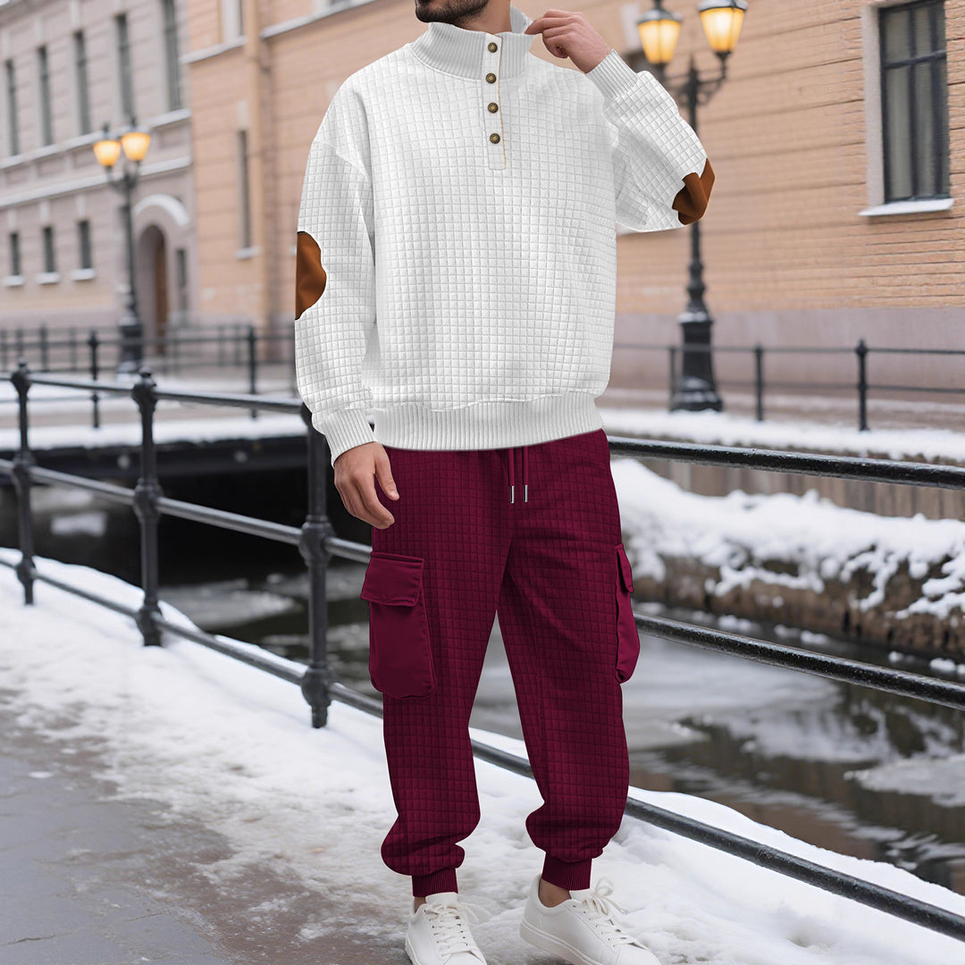 Men's check relief sweat set with stand collar button placket, velour elbow patches and cargo jogger StylebySassy