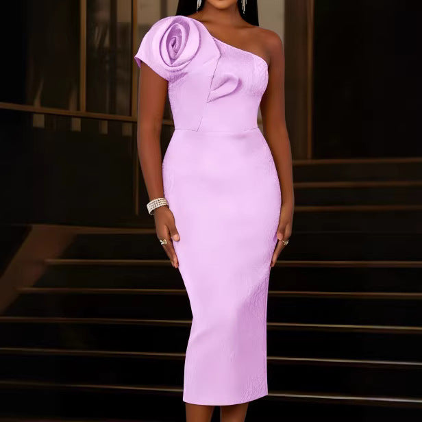 Women’s sheath dress with asymmetric design and 3D rose appliqué StylebySassy