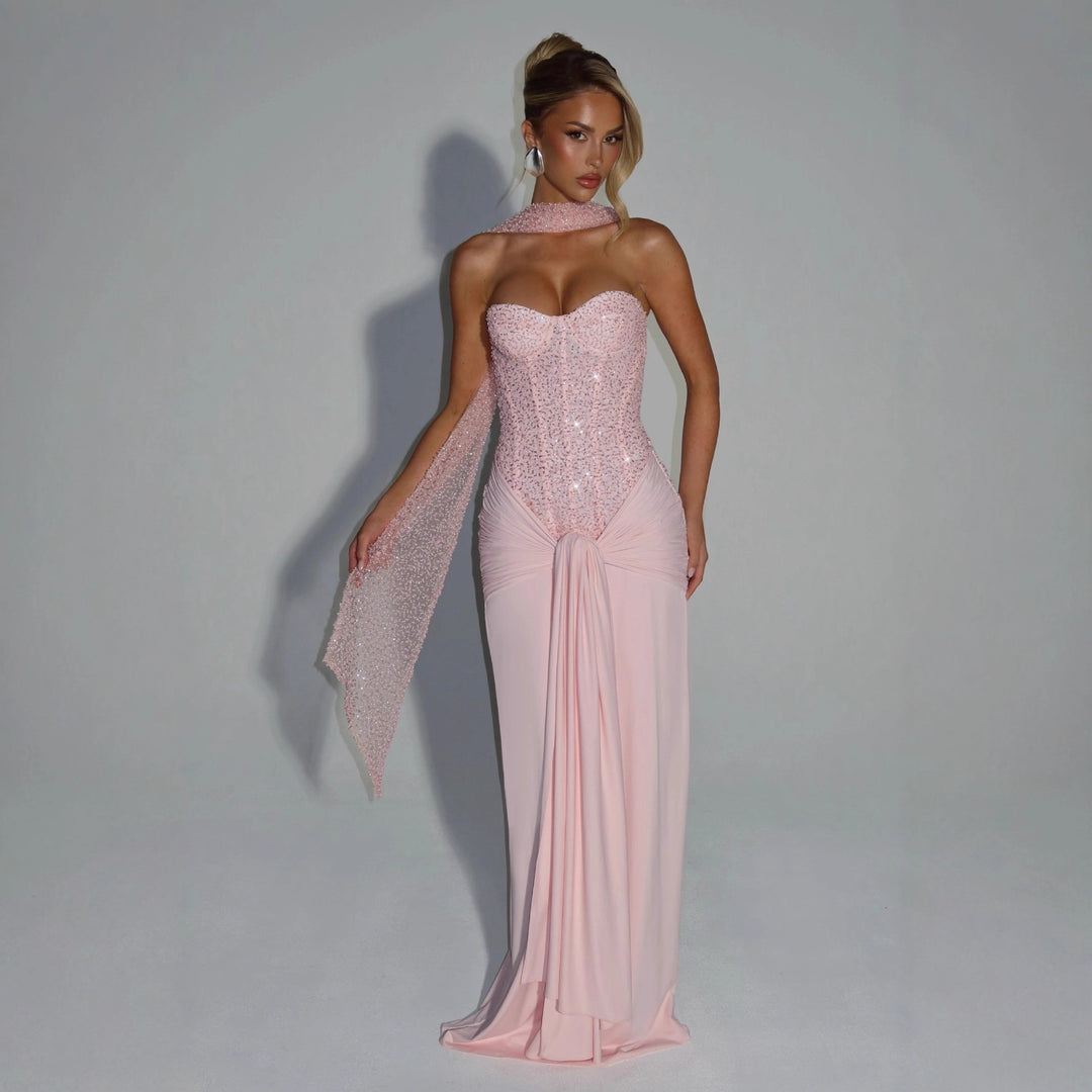 Women's Strapless Glamour Evening Dress with Draped Waist StylebySassy