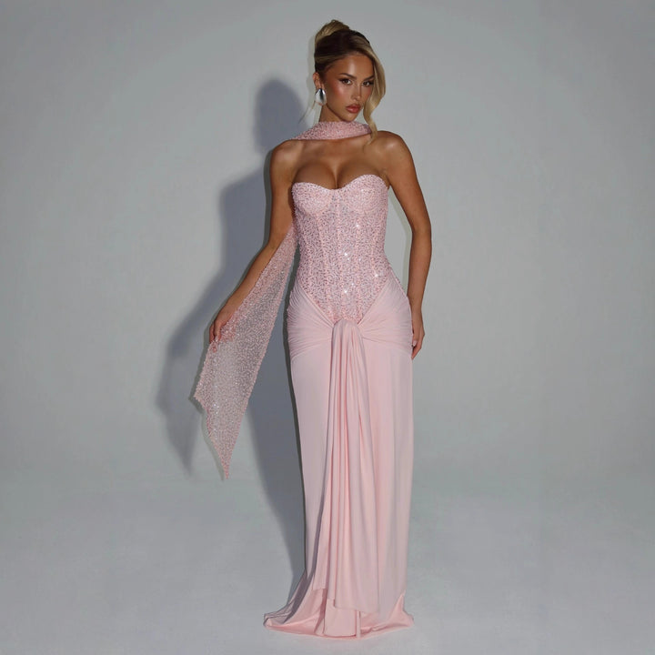 Women's Strapless Glamour Evening Dress with Draped Waist StylebySassy
