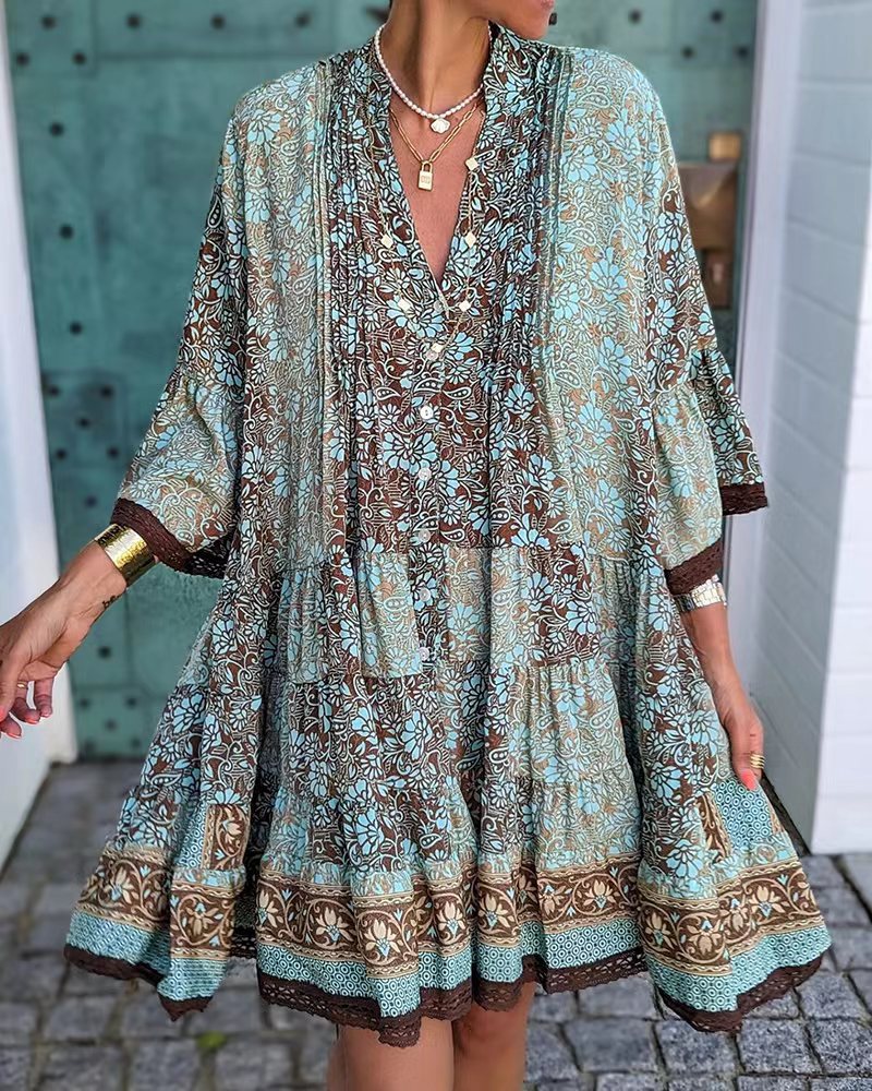 Women's airy Boho tiered dress with V-neck wide batwing sleeves and lace trim StylebySassy