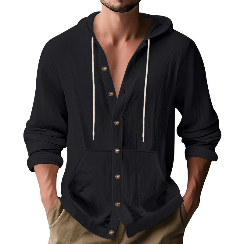 Men's button-closed hooded shirt jacket made of lightweight cotton blend with kangaroo pocket StylebySassy