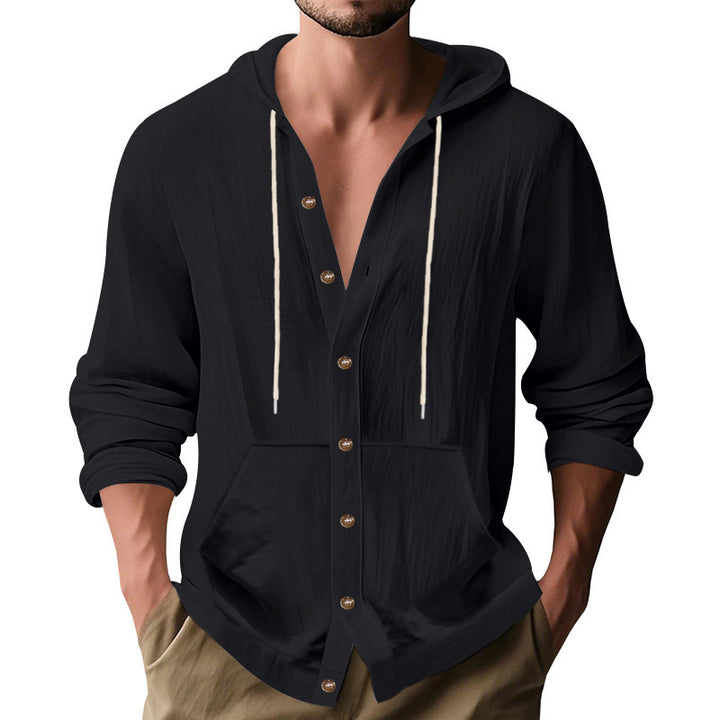 Men's button-closed hooded shirt jacket made of lightweight cotton blend with kangaroo pocket StylebySassy