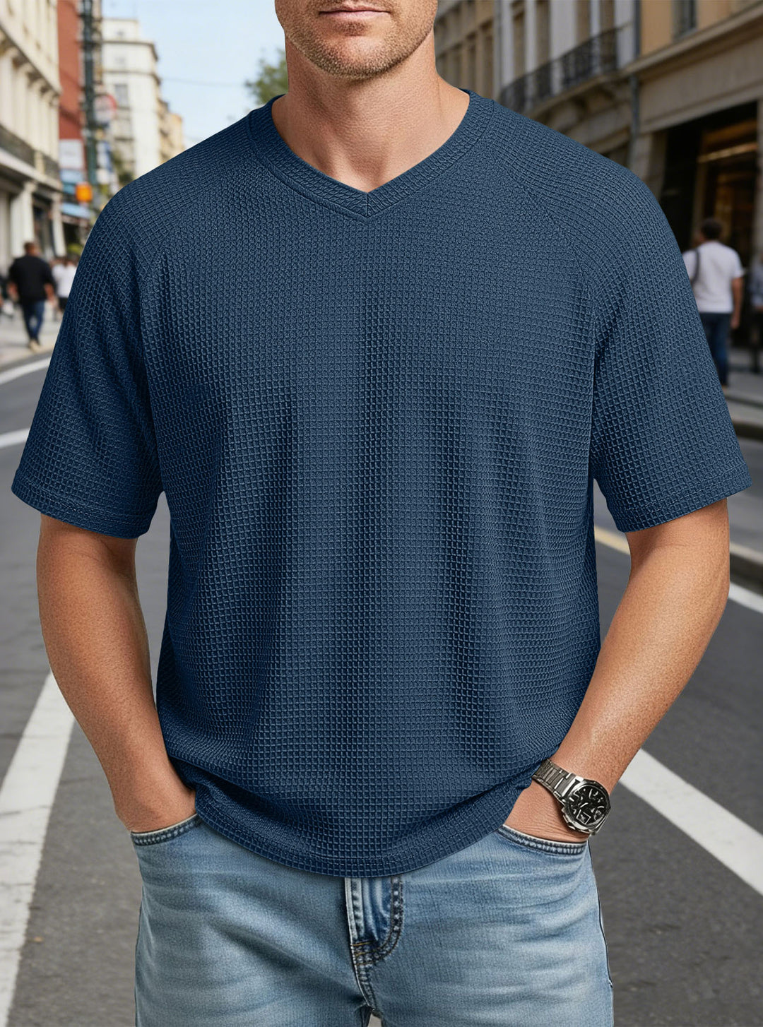 Men's casual V-neck waffle knit T-shirt made of breathable cotton blend StylebySassy