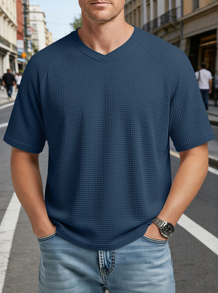 Men's casual V-neck waffle knit T-shirt made of breathable cotton blend StylebySassy
