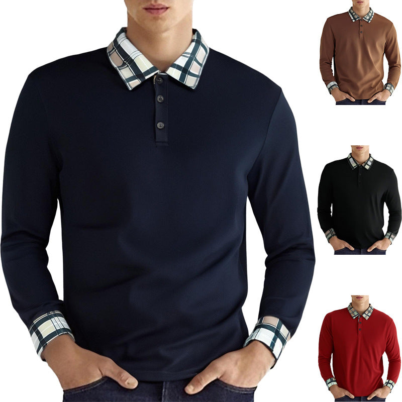 Men's figure-hugging long-sleeve polo shirt with checked collar and cuff trim StylebySassy