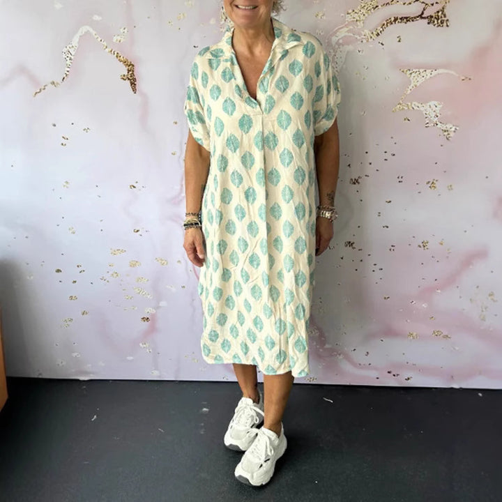 Women's NAN legeres Kaftan-mid dress with shirt collar V-neck short batwing sleeves and side insert pockets StylebySassy