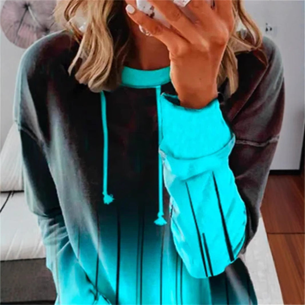 Women's Relaxed-Fit Hoodie Sweatshirt with Ombre Effect, Drawstring, Rounded Hem, and Side Slits StylebySassy