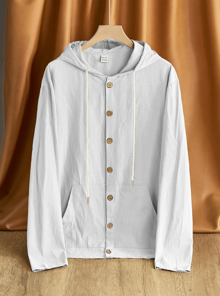 Men's lightweight hoodie jacket with button placket, kangaroo pocket, and drawstring StylebySassy