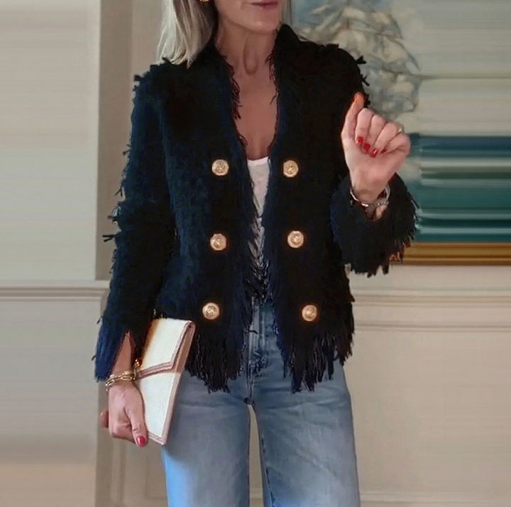 Women's short jacket with structured surface and decorative button row StylebySassy