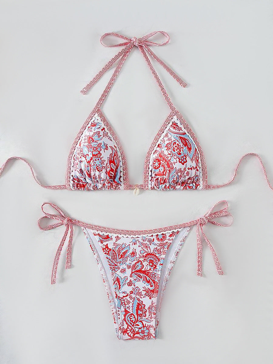 Women's triangle bikini set with adjustable tie straps and floral design StylebySassy