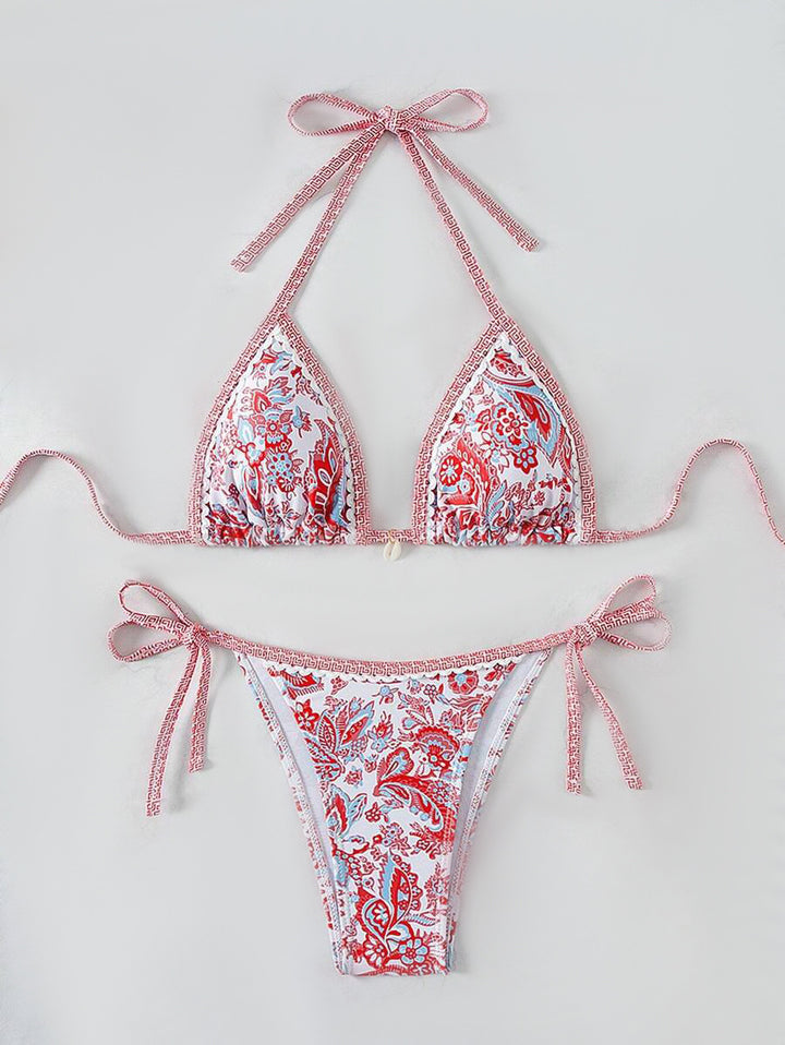 Women's triangle bikini set with adjustable tie straps and floral design StylebySassy