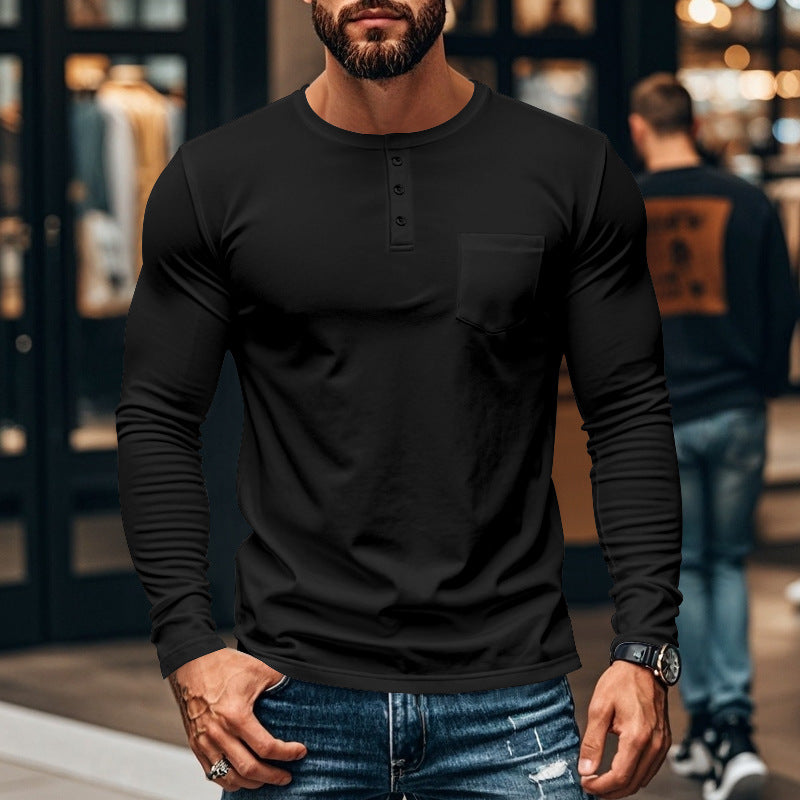Men's slim long-sleeve button shirt with short button placket and chest pocket StylebySassy