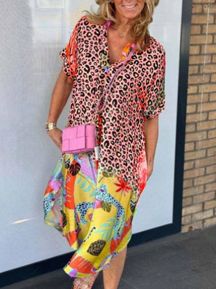 Women nano locker fitted V-neck midi dress with leopard print and tropical motif StylebySassy