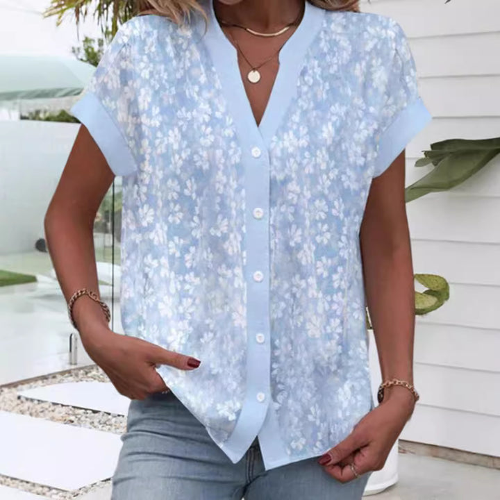 Women's airy button blouse with V-neck, rolled sleeves and floral textured print StylebySassy