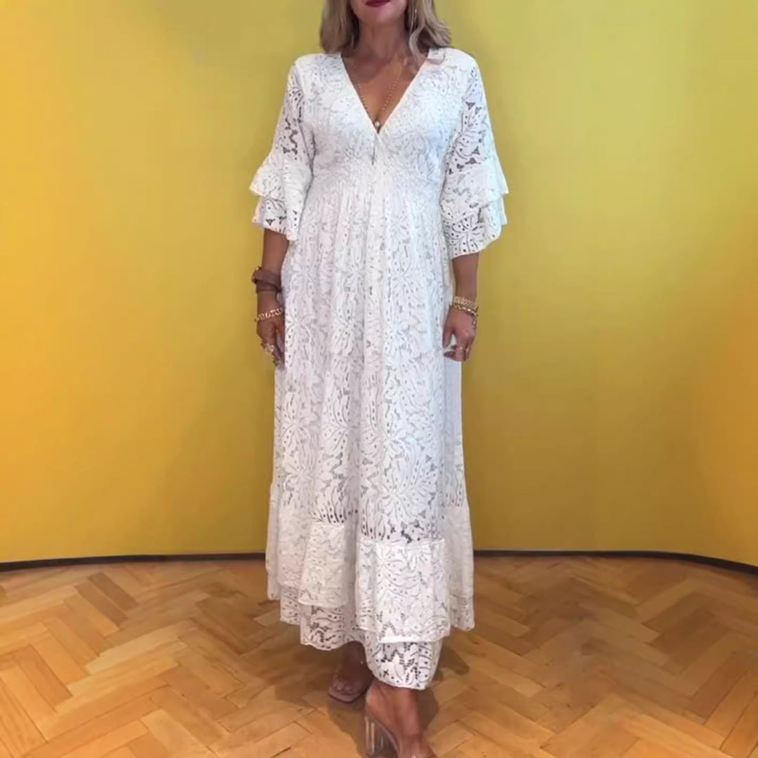 Women’s Boho Lace Maxi Dress with V-Neck, Underbust Seam, and Tiered Ruffle Sleeves StylebySassy