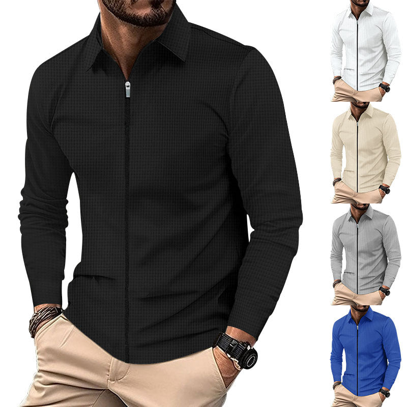 Men's structured long-sleeve polo in waffle knit with shirt collar and narrow shoulder section StylebySassy